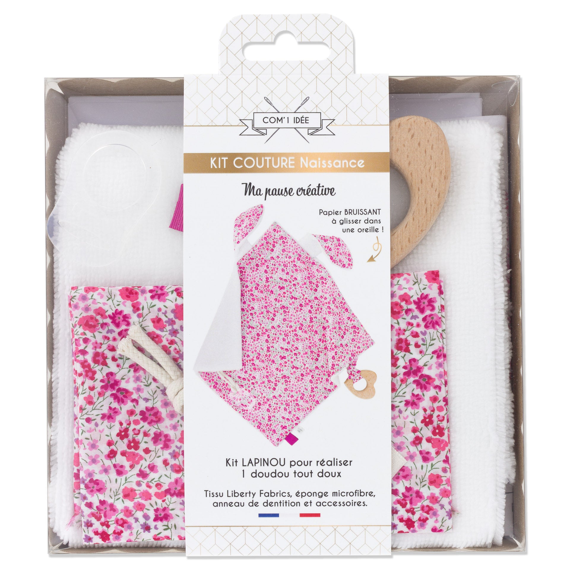 Kit couture doudou lapin carre de tissu avec anneau